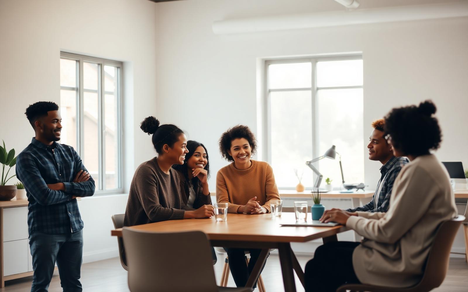 A mentor guiding a small group in a bright community workspace