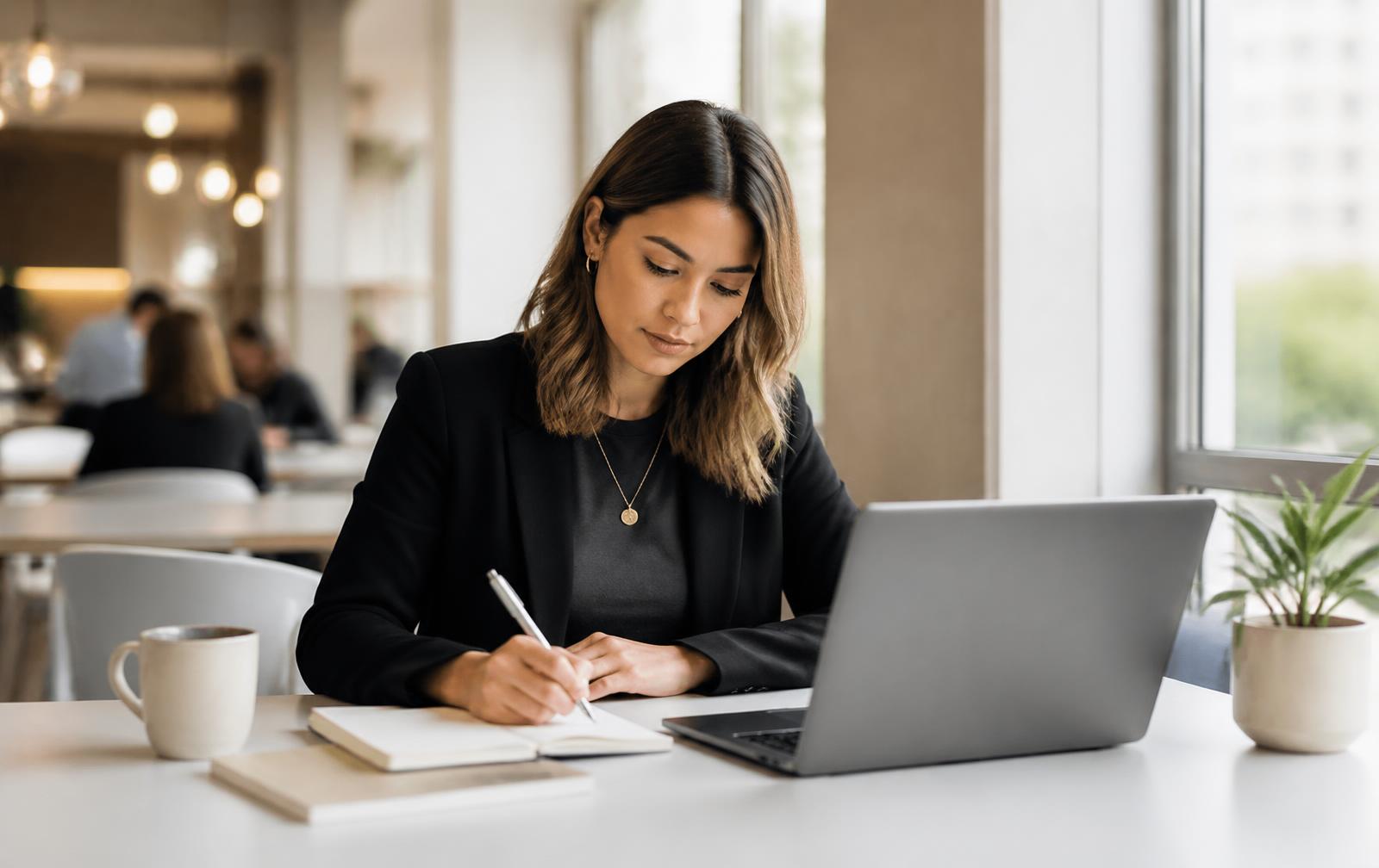 A professional working at a clean desk in a bright shared workspace